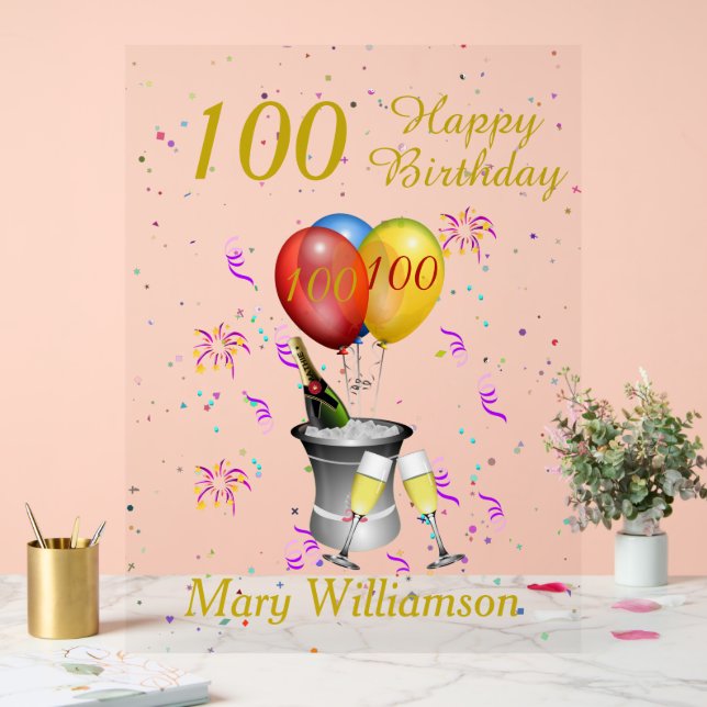 100th Birthday Celebration Sparkling Wine Acrylic Sign (Wedding)