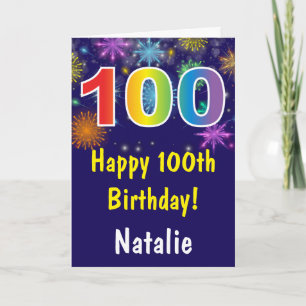 100th Birthday Colorful Rainbow Firework Navy Blue Card