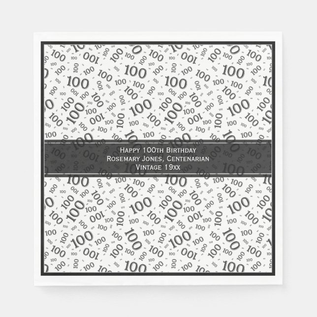 100th Birthday Cool Number Pattern Black/White Napkin (Front)