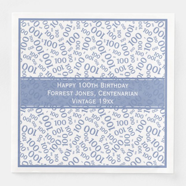 100th Birthday Cool Number Pattern Blue/White Napkin (Front)