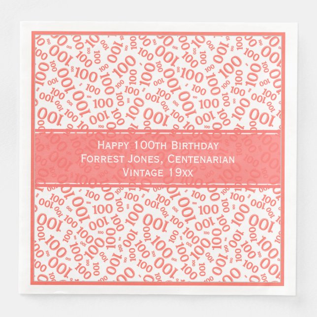 100th Birthday Cool Number Pattern Coral/White Napkin (Front)