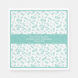 100th Birthday Cool Number Pattern Teal/White Napkin