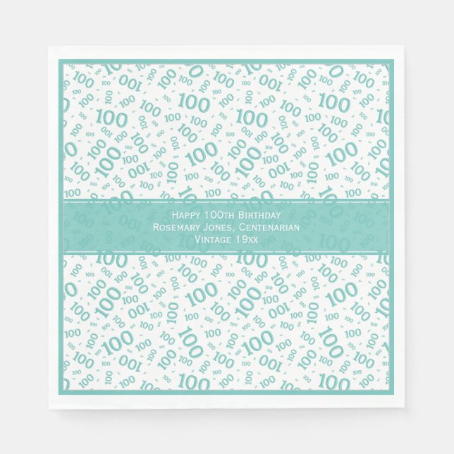 100th Birthday Cool Number Pattern Teal/White Napkin (Front)