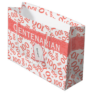 100th Birthday Coral/White Random Number Pattern Large Gift Bag