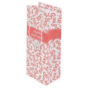100th Birthday Coral/White Random Number Pattern Wine Gift Bag