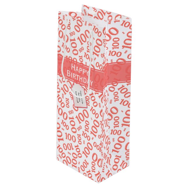 100th Birthday Coral/White Random Number Pattern Wine Gift Bag (Front Angled)