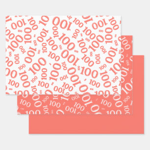 100th Birthday Coral/White Random Number Pattern Wrapping Paper Sheet