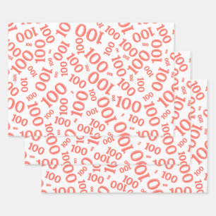 100th Birthday Coral/White Random Number Pattern Wrapping Paper Sheet