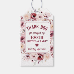 100th Birthday Custom Burgundy Pink Floral Favour Gift Tags