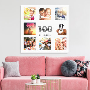 100th birthday custom photo collage white monogram canvas print