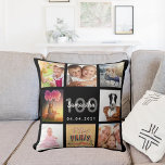 100th birthday custom photo collage woman black throw pillow<br><div class="desc">A unique gift for a womans 100th birthday, celebrating her life with a collage of 8 of your own photos, pictures. Personalize and add her name, age 100 and a date. A chic black background. Grey and white letters and numbers. The name is written with a modern hand lettered style...</div>
