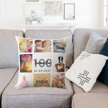 100th birthday custom photo collage woman white throw pillow<br><div class="desc">A unique gift for a womans 100th birthday, celebrating her life with a collage of 8 of your own photos, pictures. Personalize and add her name, age 100 and a date. A chic white background. Grey and black letters and numbers. The name is written with a modern hand lettered style...</div>
