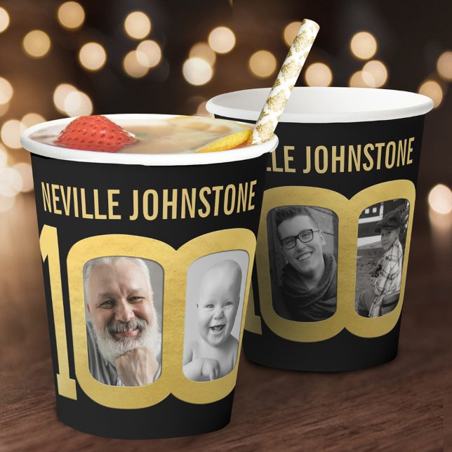 100th birthday custom two photo black and gold paper cups (Creator Uploaded)