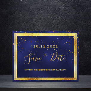 100th birthday dark blue gold save the date postcard