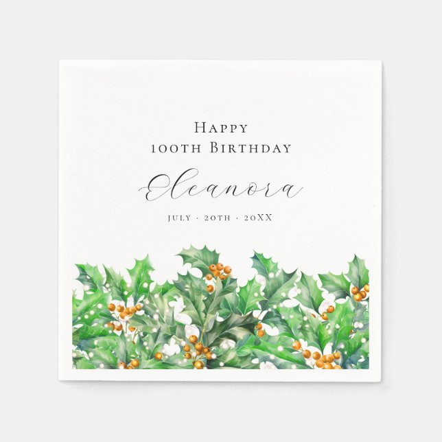 100th Birthday December Birth Flower Holly Custom Napkin (Front)