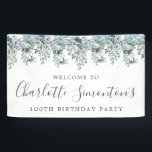 100th Birthday Dusty Blue Floral Welcome Banner<br><div class="desc">Welcome your guests with this elegant welcome banner. Pretty dusty blue roses,  peonies and wildflowers decorate the top border. A classic and easy-to-read font combination takes only minutes to personalize.</div>