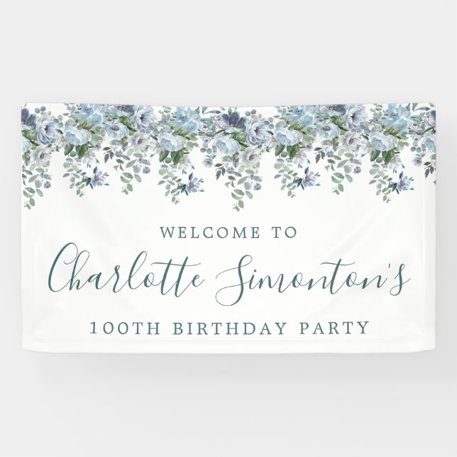 100th Birthday Dusty Blue Floral Welcome Banner (Horizontal)