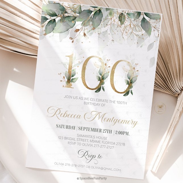 100th birthday Elegant Milestone invitation (100th birthday invitation, editable sage green invitation, elegant floral design, eighty year old br)