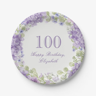 100th Birthday Elegant Purple Floral Paper Plates