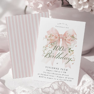 100th Birthday Elegant Watercolor Pink Floral Invitation