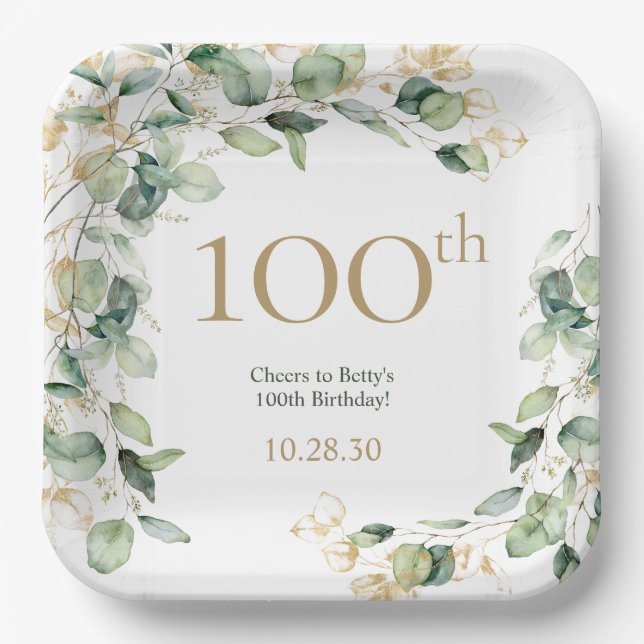 100th Birthday Eucalyptus Paper Plate (Front)