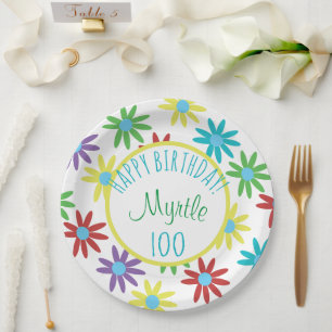 100th Birthday Floral Personalized Paper Plate