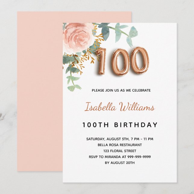 100th birthday floral rose gold eucalyptus foliage invitation (Front/Back)