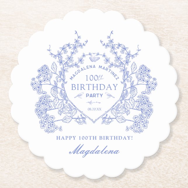 100th Birthday French Blue Floral Crest Custom Paper Coaster (Front)