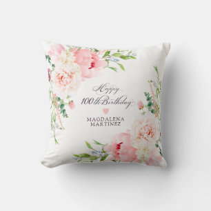 100th Birthday Gift Pink Floral Personalized Throw Pillow