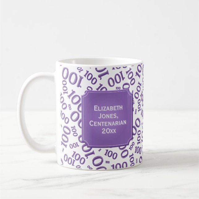 100th Birthday Gift Purple Random Number Pattern Coffee Mug (Left)