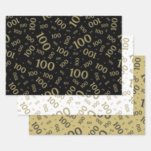 100th Birthday Gold and Black Number Pattern 100 Wrapping Paper Sheet