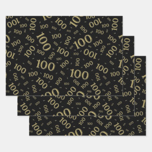 100th Birthday Gold and Black Number Pattern 100 Wrapping Paper Sheet
