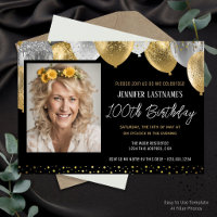 100th Birthday Gold and Black Photo Invitation