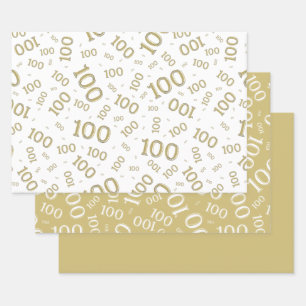 100th Birthday Gold and White Number Pattern 100 Wrapping Paper Sheet