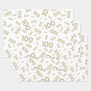 100th Birthday Gold and White Number Pattern 100 Wrapping Paper Sheet