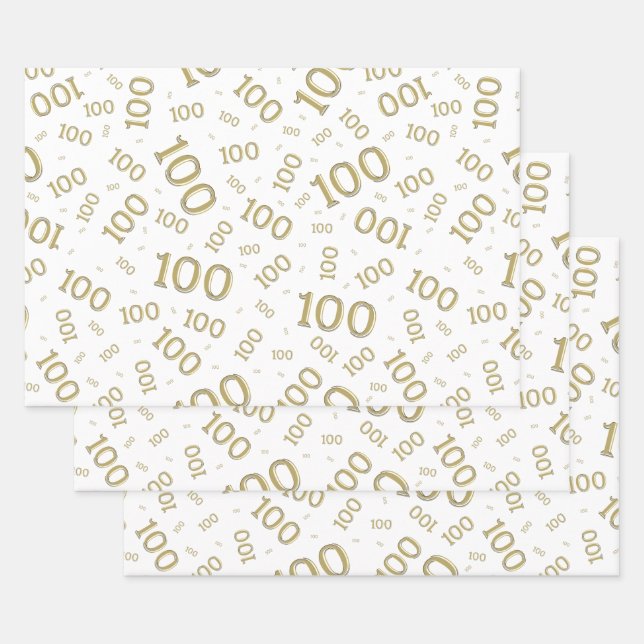100th Birthday Gold and White Number Pattern 100 Wrapping Paper Sheet (Set)