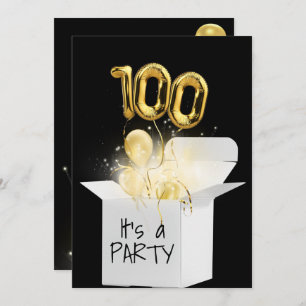 100th Birthday Gold Balloons In White Box   Invitation