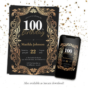 100th Birthday Gold Black Glamourous Boho Vintage Invitation