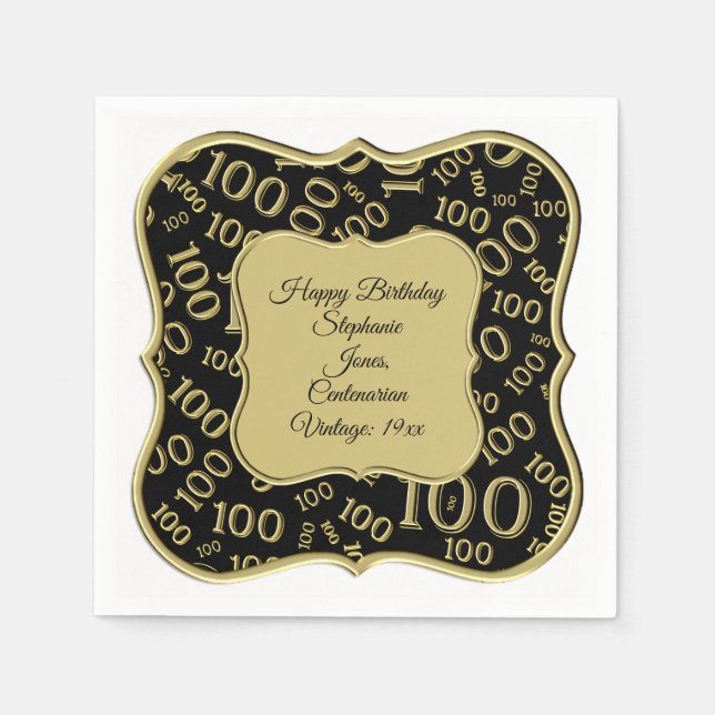 100th Birthday Gold/Black Number Pattern Napkin (Front)