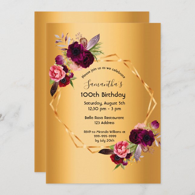 100th birthday gold burgundy florals geometric invitation (Front/Back)