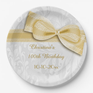 100th Birthday Gold Damask and Faux Bow Paper Plate