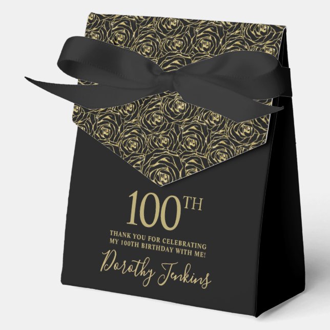 100th Birthday Gold Glitter Roses Thank You  Favor Box (Front)