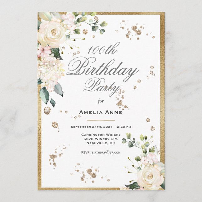 100th Birthday Gold Watercolor Floral Invitation (Front)