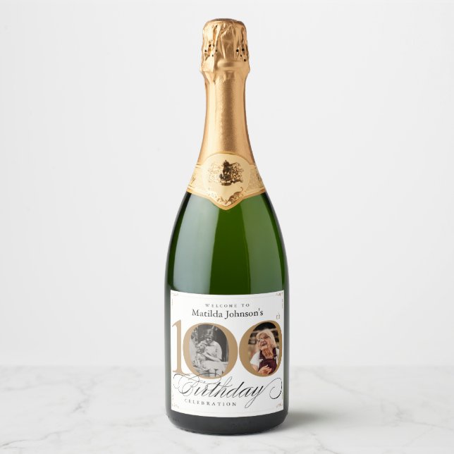 100th Birthday Gold White Calligraphy Custom Photo Sparkling Wine Label (Front)