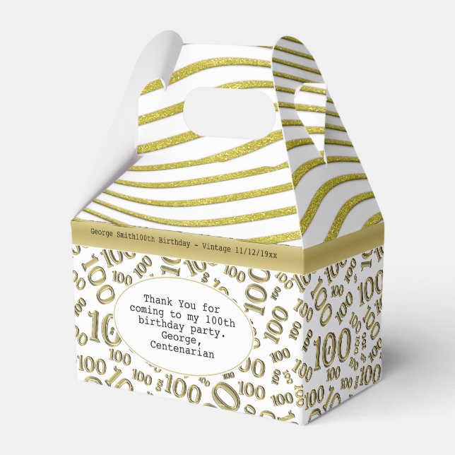 100th Birthday Gold/White Number Pattern Favor Box (Front Side)