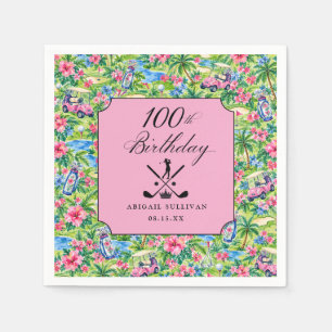 100th Birthday Golf Pink Green Preppy Print Napkin