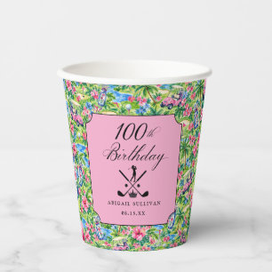 100th Birthday Golf Pink Green Preppy Print Paper Cups