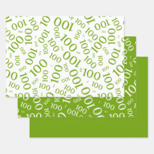 100th Birthday Green and White Number Pattern 100 Wrapping Paper Sheet