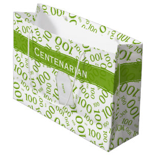 100th Birthday Green/White Random Number Pattern Large Gift Bag