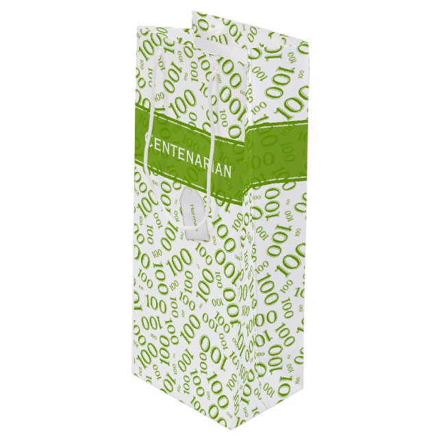 100th Birthday Green/White Random Number Pattern Wine Gift Bag (Front Angled)
